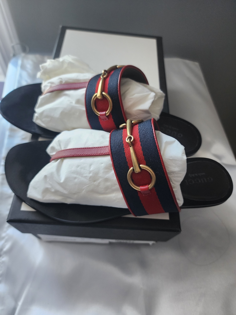 Gucci Women’s Navy & Red Horsebit Slide Sandals